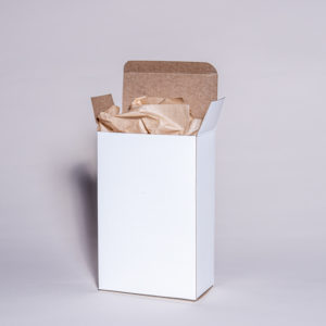5-1/2 x 3 x 8-1/2 100% recycled white paperboard Reverse Tuck Folding Carton (.024 thickness), 250 cartons per case.